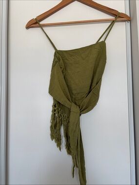 Beautiful Olive Green Cropped Tie-Front Camisole with Fringe-XS